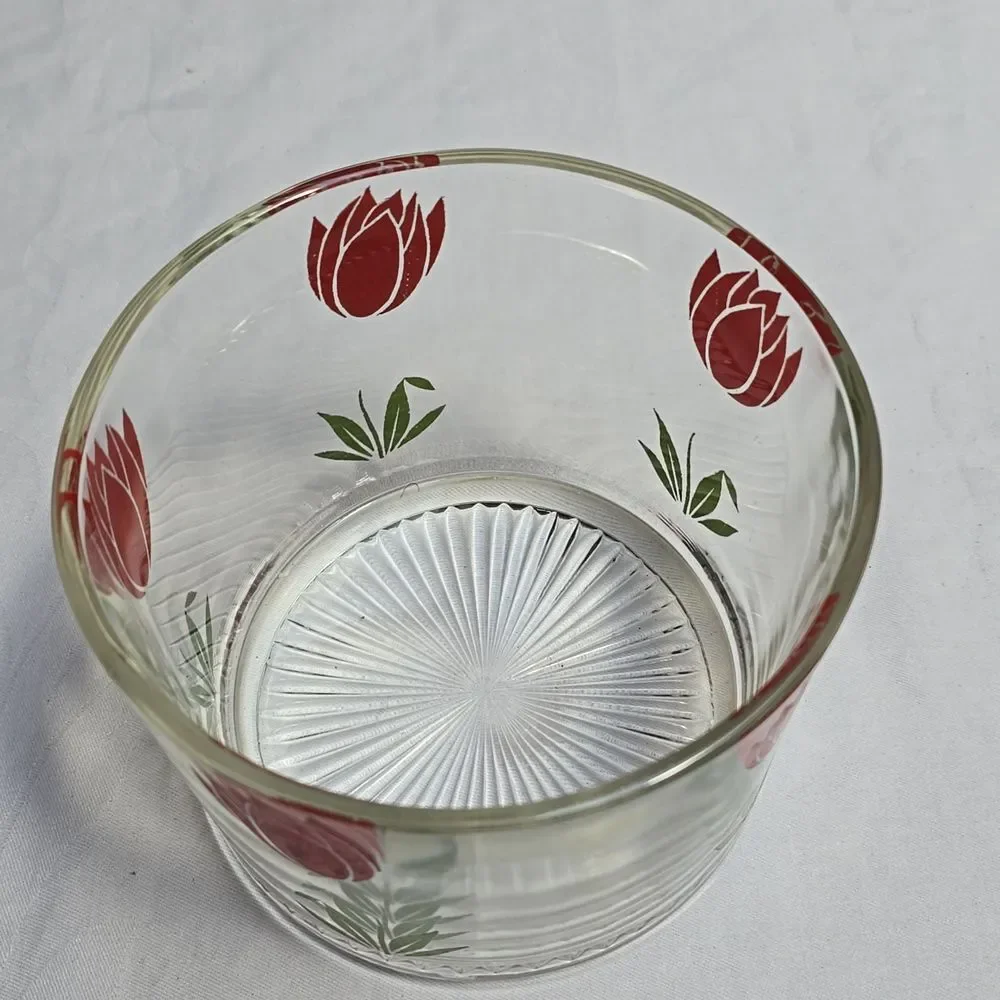 Hazel Atlas Clear Glass Ice Bucket with RED Tulip Deco - flaws HTF vtg 70s